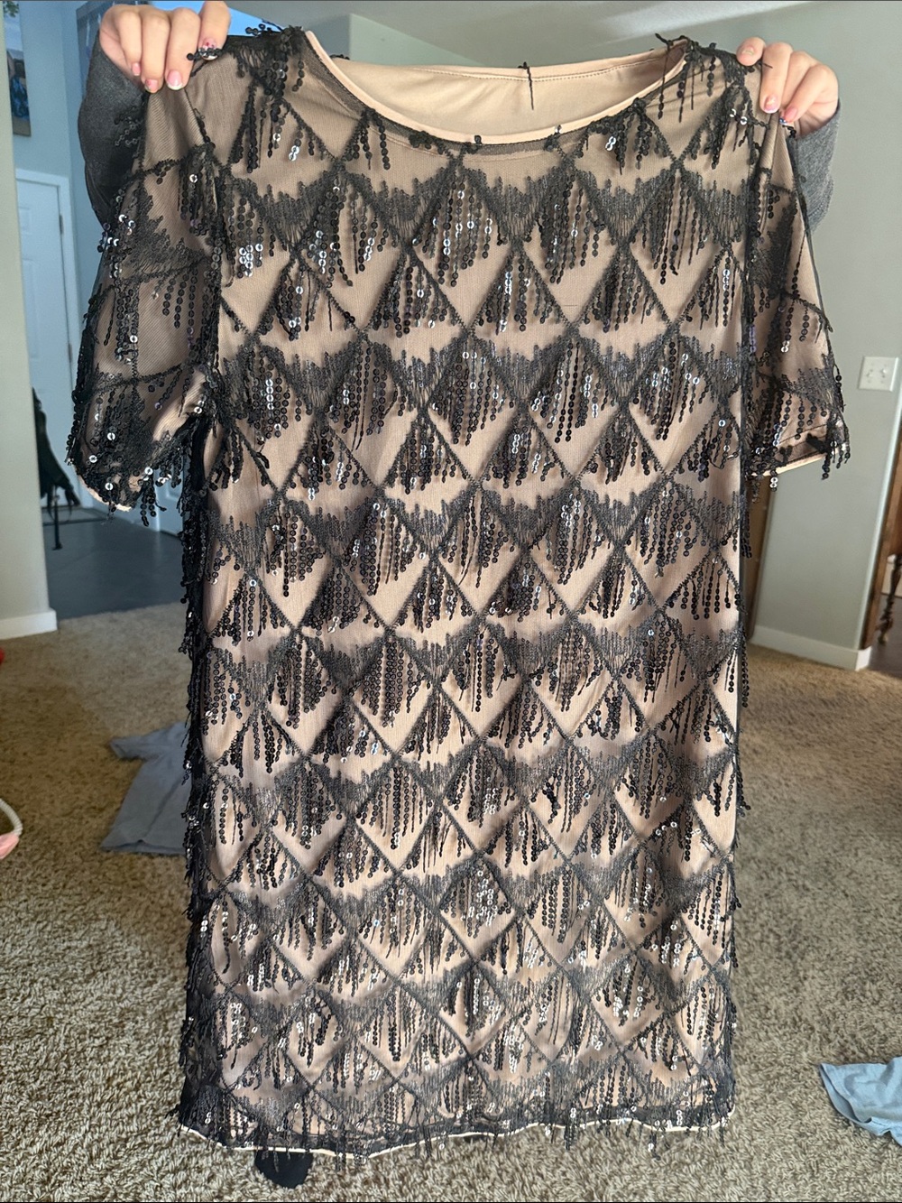 SHEIN Black Sequin Sheath-Style Cocktail Dress with Nude Lining. Size L.